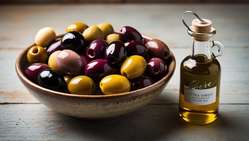 A sunlit olive grove in Greece with ancient olive trees.